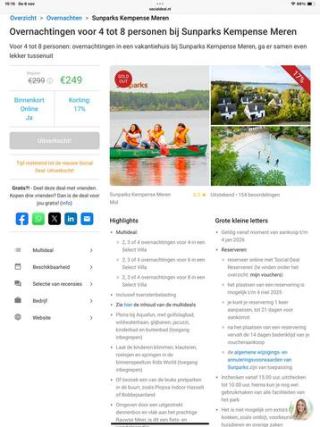 Sunparks van 14 t/m 17 Nov. Kempense Meren. 3 overnachtingen beschikbaar voor biedingen