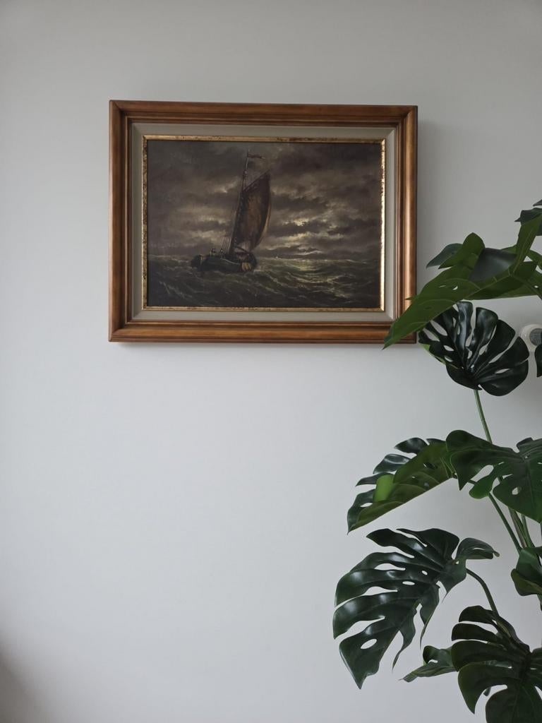 Schilderij, W. Voerman Jr. - Maritiem zeegezicht, 90 x 70 cm, Ophalen