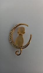 Goudkleurige broche kat op de maan strass, Verzenden, Nieuw, Goud