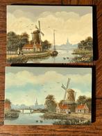 2x schilderij olieverf, Hollands landschap met molen, Ophalen of Verzenden