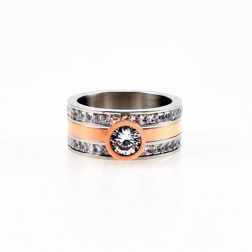 Brede Damesring Roestvrij Stalen Zilverkleurig-Roségoudkleur, Sieraden, Tassen en Uiterlijk, Ringen, Nieuw, Dame, 19 tot 20, Zilver