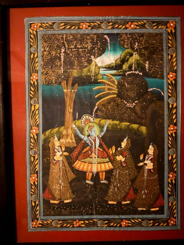 Indiaas  Schilderij Krishna en Gopi's op zijde, Antiek en Kunst, Kunst | Niet-Westerse kunst, Ophalen of Verzenden