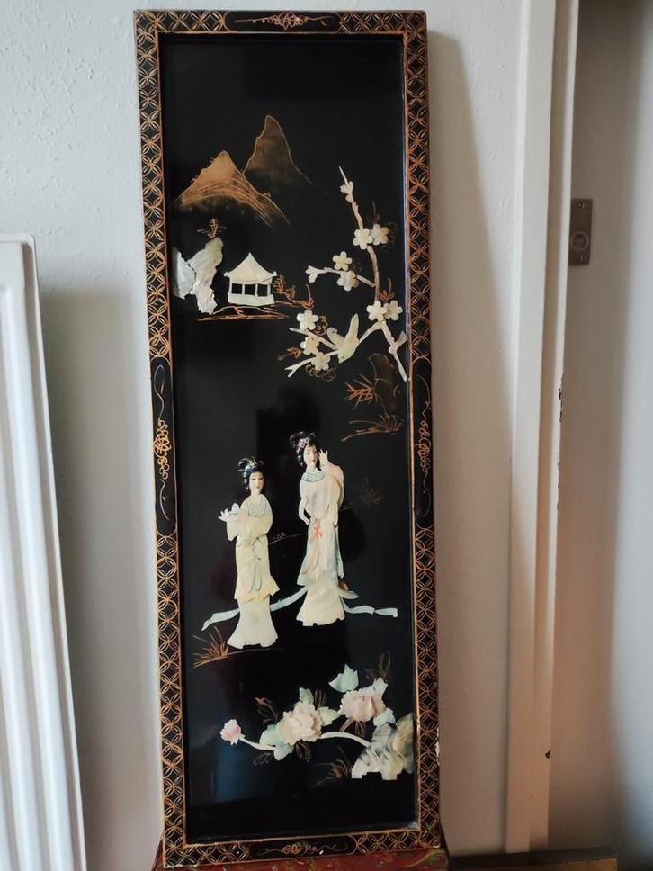 Prachtig groot oud Japans paneel ingelegd met parelmoer, Antiek en Kunst, Kunst | Niet-Westerse kunst, Verzenden