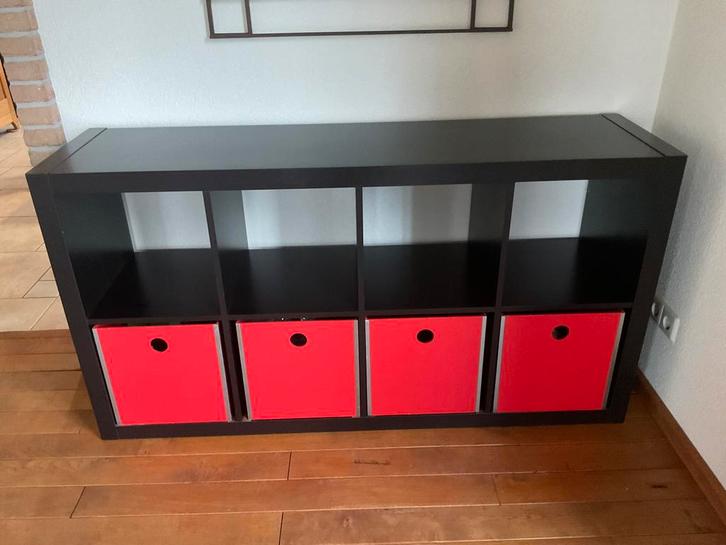 Kast kallax ikea zwart 8 vakken, inclusief opbergbakken, Huis en Inrichting, Kasten | Overige, Gebruikt, Ophalen