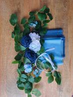 Stoeldecoratie bloem + doeken blauw trouwen, Ophalen of Verzenden, Zo goed als nieuw