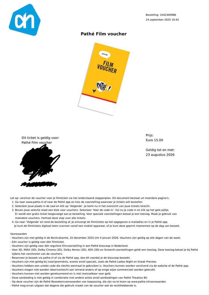 Pathé voucher bioscoopkaartjes 2x, Tickets en Kaartjes, Filmkaartjes, Eén persoon, Vrijkaartje alle films