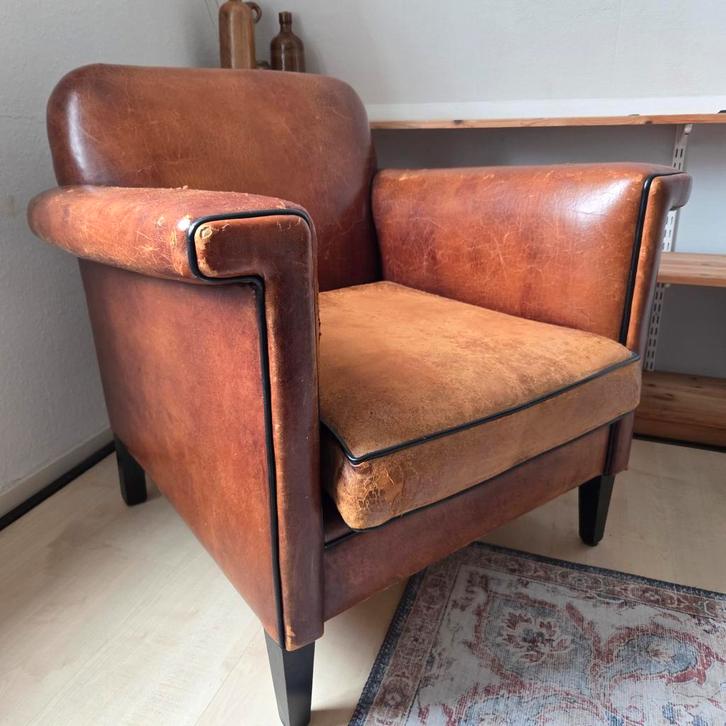 Vintage leren club fauteuil, Huis en Inrichting, Fauteuils, Gebruikt, Leer, 50 tot 75 cm, 75 tot 100 cm, Ophalen