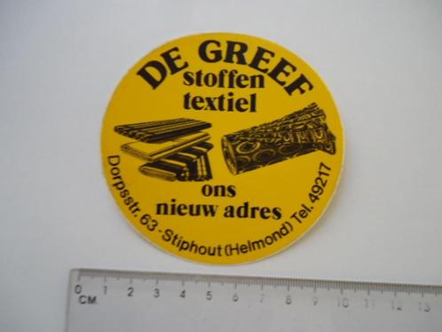 sticker oud DE GREEF Stiphout helmond stoffen textiel retro, Verzamelen, Stickers, Zo goed als nieuw, Bedrijf of Vereniging, Verzenden