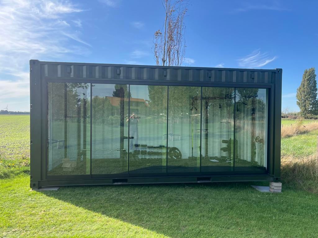 Zeecontainer met glazen schuif wand, Tuin en Terras, Tuinhuizen, Nieuw, Metaal, 3 ramen of meer, Ophalen of Verzenden