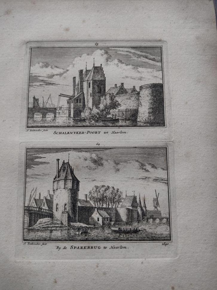 063/064 Haarlem Schalkwijker en Spare Brug Kopergravure dl 3, Antiek en Kunst, Kunst | Etsen en Gravures, Ophalen of Verzenden