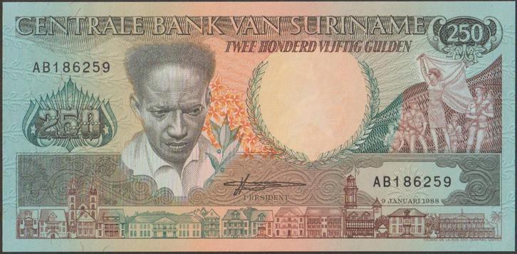 Suriname 250 gulden 1988 XF p.134 (# 584), Postzegels en Munten, Bankbiljetten | Amerika, Los biljet, Zuid-Amerika, Verzenden