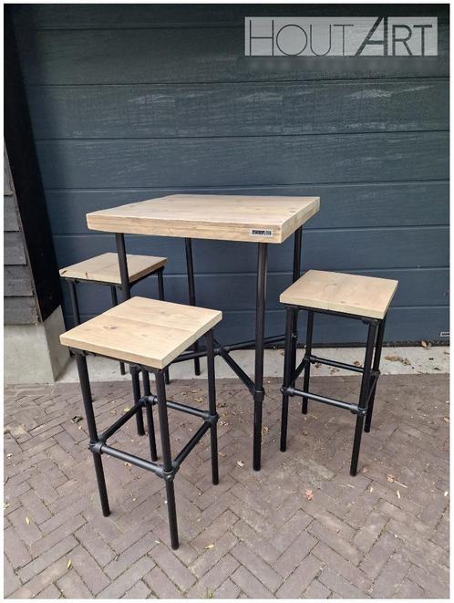 Barkruk zwarte steigerbuis met steigerhout, NIEUW!, Huis en Inrichting, Barkrukken, Nieuw, Hout, Kunststof, Metaal, 4 krukken