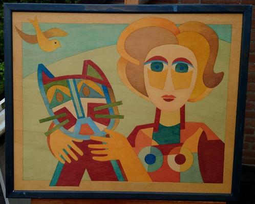 ~1960 Kubistisch portret van vrouw met kat, hout en aquarel, Antiek en Kunst, Kunst | Schilderijen | Klassiek, Ophalen of Verzenden