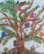 Schilderij Boom met vogels en kabouter vrolijk acryl canvas, Ophalen of Verzenden