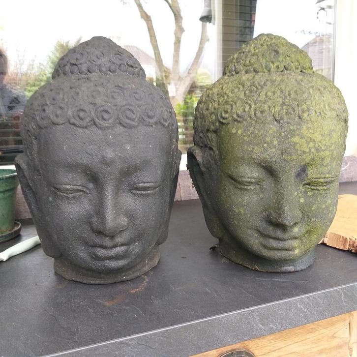 2 Stenen Boeddha Hoofden, Tuin en Terras, Tuinbeelden, Gebruikt, Boeddhabeeld, Steen, Ophalen
