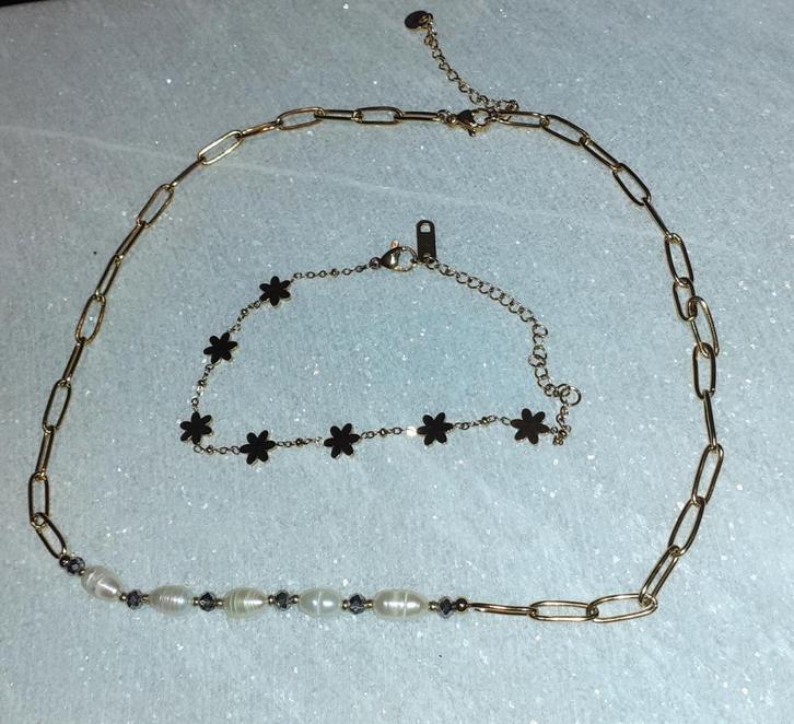 Juwelenset goud met zoetwaterparel, Sieraden, Tassen en Uiterlijk, Kettingen, Nieuw, Steen of Mineraal, Goud, Met edelsteen, Met kristal