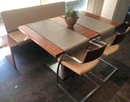 Eetkamer set eetbank tafel en 2 stoelen leer kersenhout, Ophalen, Gebruikt, Minder dan 4 stoelen