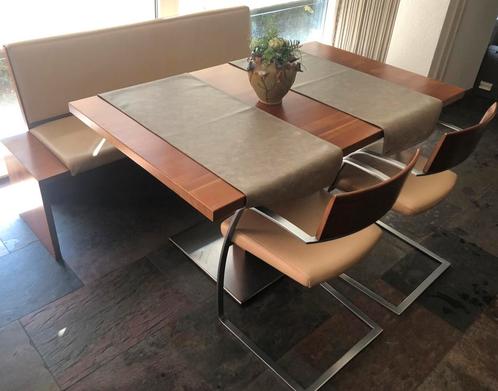 Eetkamer set eetbank tafel en 2 stoelen leer kersenhout, Huis en Inrichting, Complete eetkamers, Gebruikt, Minder dan 4 stoelen