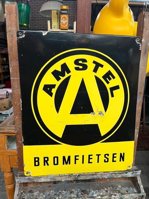 Amstel bromfietsen emaille reclamebord Langcat Bussum, Verzamelen, Merken en Reclamevoorwerpen, Gebruikt, Reclamebord, Ophalen