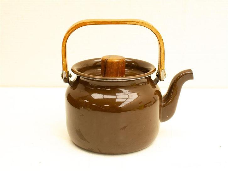 emaille theepot met houten handvat 32045, Antiek en Kunst, Antiek | Emaille, Ophalen of Verzenden