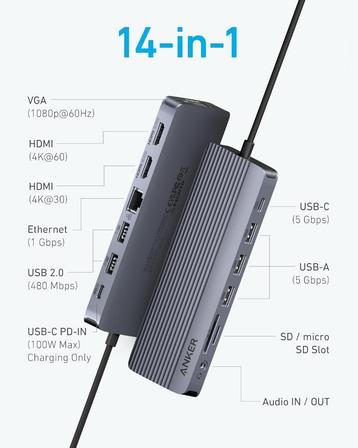 Anker USB C-hub + Dockingstation (14-in-1), beschikbaar voor biedingen