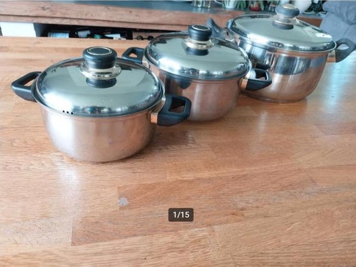 Pannenset 3-delig. Niet voor inductie, Huis en Inrichting, Keuken | Potten en Pannen, Gebruikt, Pannenset, Overige materialen