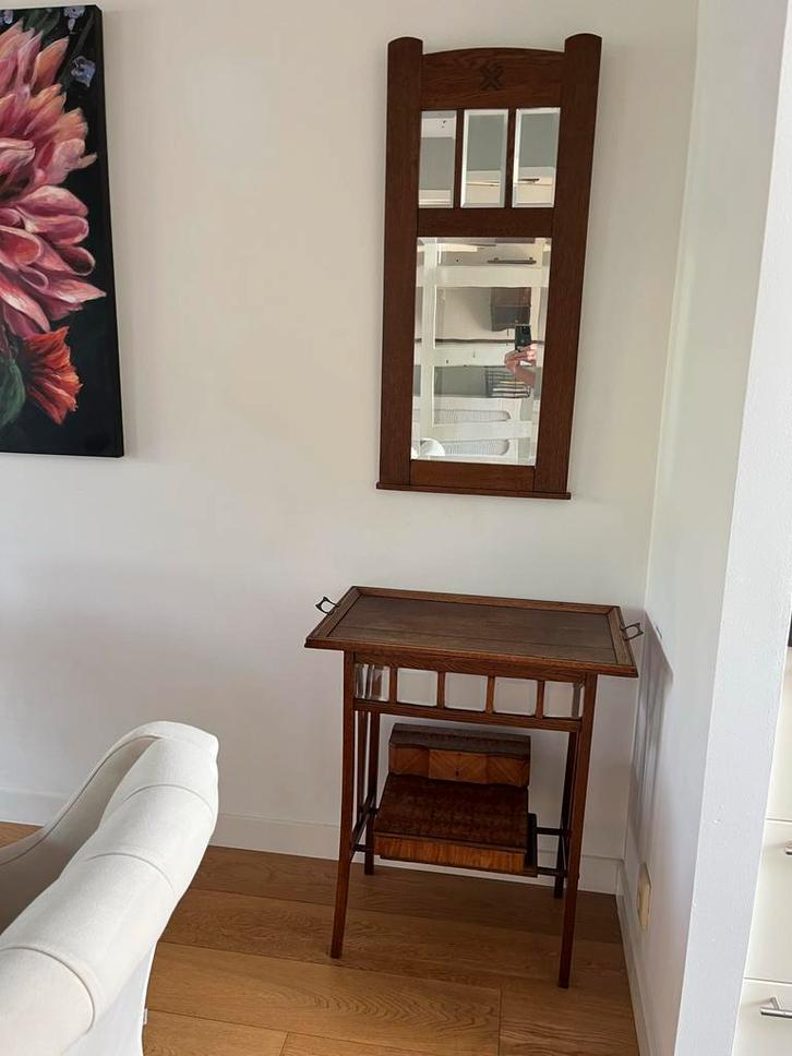 Antieke Spiegel & Theekastje Set, Antiek en Kunst, Antiek | Spiegels, Minder dan 50 cm, Minder dan 100 cm, Rechthoekig, Ophalen of Verzenden