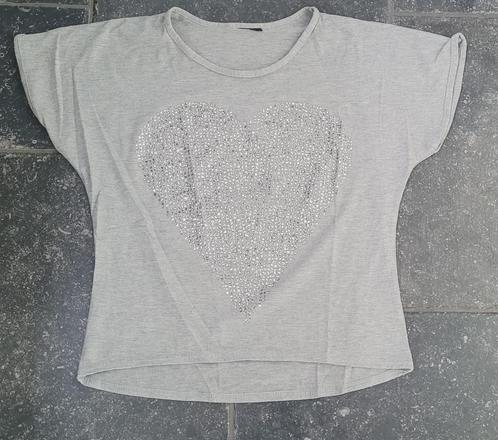Shirt korte mouw glitter hart maat 158 - 164, grijs, Coolcat, Kinderen en Baby's, Kinderkleding | Maat 158, Zo goed als nieuw