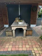 Steigerhouten tafel met 2 bankjes te koop, Ophalen, Gebruikt, Rechthoekig, Hout