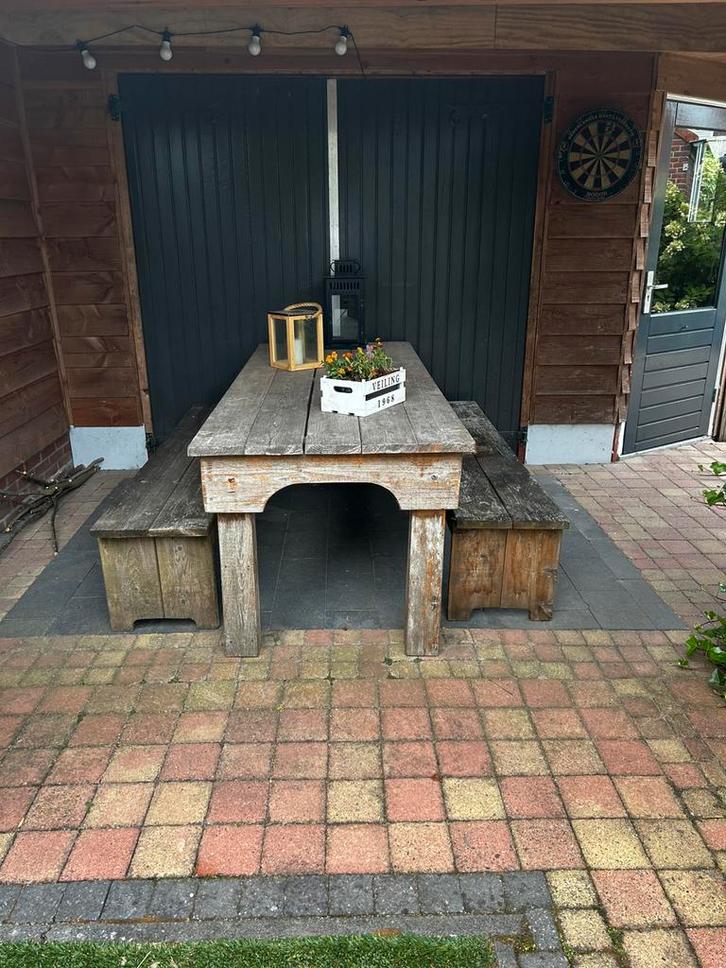 Steigerhouten tafel met 2 bankjes te koop, Tuin en Terras, Tuintafels, Gebruikt, Rechthoekig, Hout, Ophalen