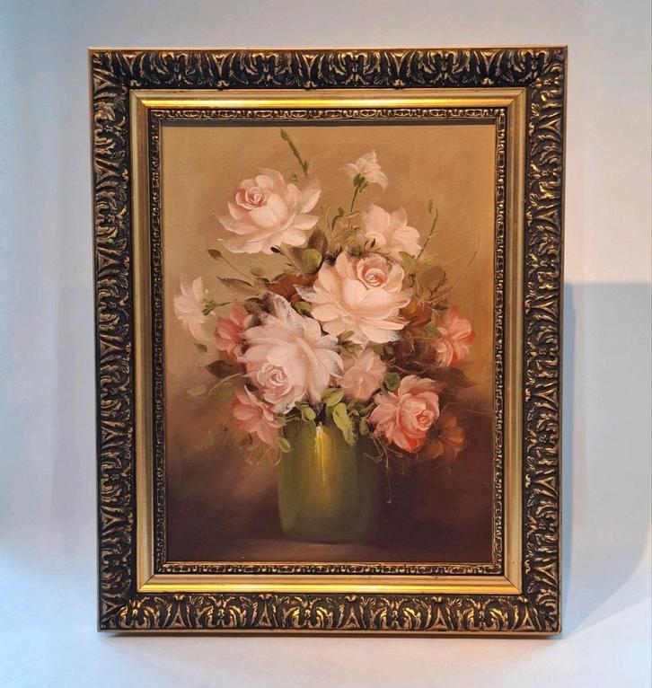Vintage Olieverfschilderij met Rozen, Antiek en Kunst, Kunst | Schilderijen | Klassiek, Ophalen of Verzenden