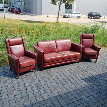 Klassiek bankstel bruin rood leer art deco stijl + BEZORGING beschikbaar voor biedingen