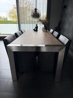 Massief eikenhout eettafel met metalen onderstel, Huis en Inrichting, Tafels | Eettafels, Ophalen, 100 tot 150 cm, Eikenhout, 200 cm of meer
