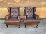Chesterfield bruin leren 2 x oorfauteuils !!!, Huis en Inrichting, Fauteuils, Ophalen, Gebruikt, Chesterfield, 75 tot 100 cm