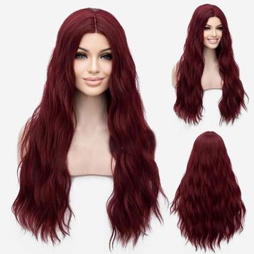 Pruik lang haar met golfjes in wijnrood zonder pony beschikbaar voor biedingen
