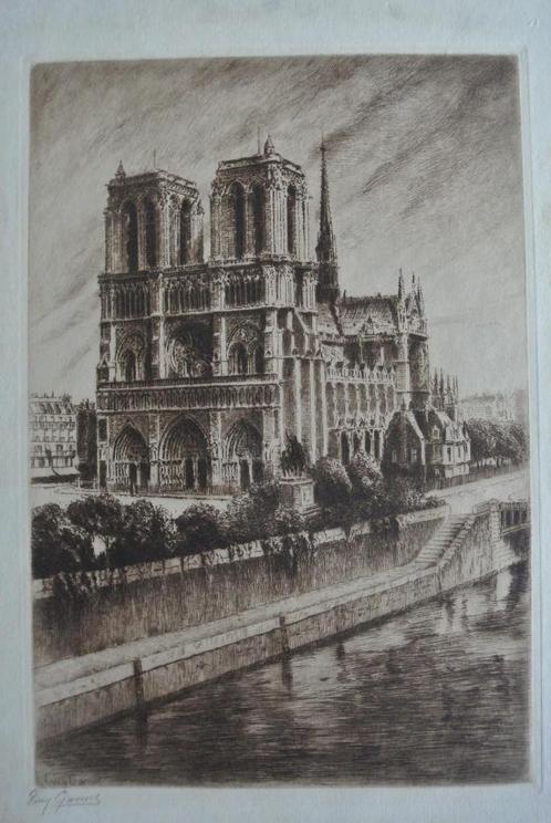 Gesigneerde ets Lucy Garnot  ca 1925  Notre Dame, Antiek en Kunst, Kunst | Etsen en Gravures, Ophalen of Verzenden