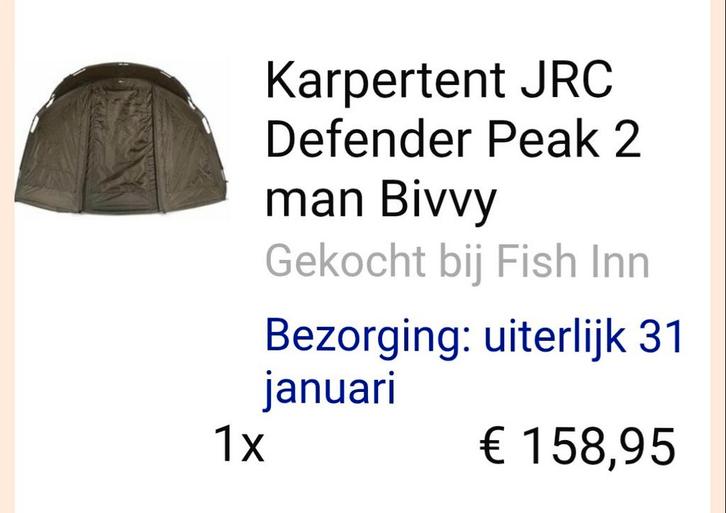 *Nieuw* Karpertent JRC Defender Peak 2 man Bivvy, Watersport en Boten, Hengelsport | Karpervissen, Nieuw, Overige typen, Ophalen of Verzenden
