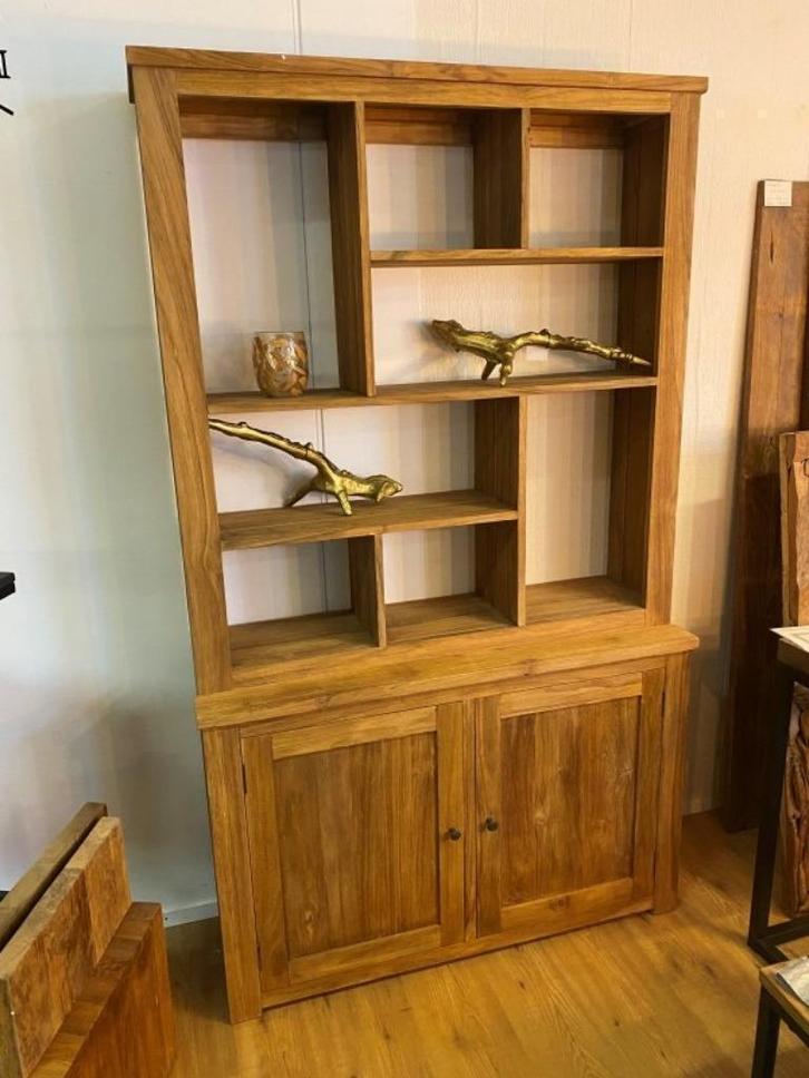 Kast stoer Teakhout 115b, speelse open vakken en 2 deuren, Huis en Inrichting, Kasten | Boekenkasten, Nieuw, 100 tot 150 cm, 150 tot 200 cm