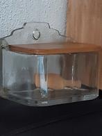 Glazen zoutpot+gruttersschepje houten deksel,stoer brocante,, Ophalen of Verzenden