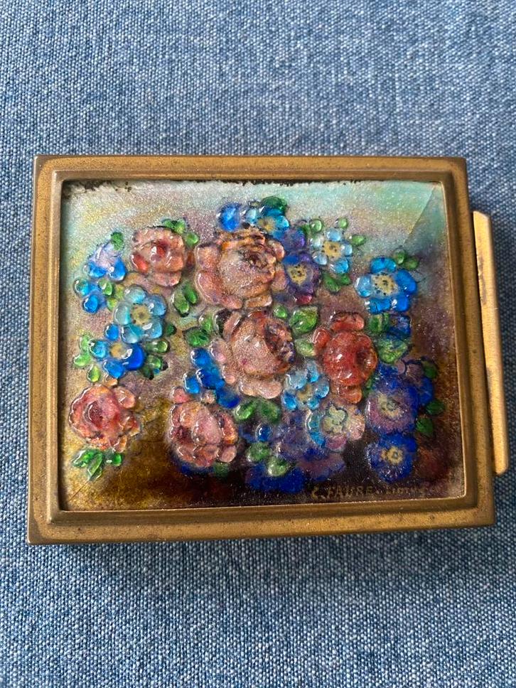 Camille Fauré (1874-1956), koperen emaille poederdoos, Antiek en Kunst, Antiek | Glas en Kristal, Ophalen of Verzenden