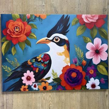 Canvas vogel met bloemen 70x50 cm beschikbaar voor biedingen