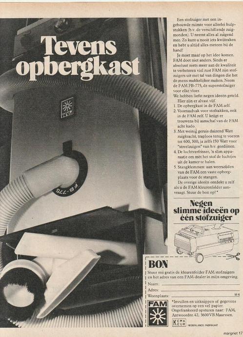 Retro reclame 1978 FAM stofzuiger opbergkast Maarssen, Verzamelen, Retro, Overige typen, Verzenden