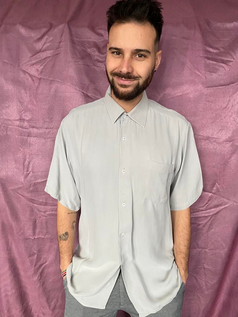 Vintage overhemd / shirt - beige/grijs L-42- large, Kleding | Heren, Overhemden, Hippie galore vintage, Hgv, Vintage, Ophalen of Verzenden