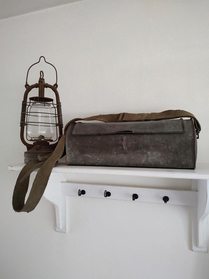 Oude Zinken Loodgieterstas met Canvas Riem, Antiek en Kunst, Curiosa en Brocante, Ophalen of Verzenden