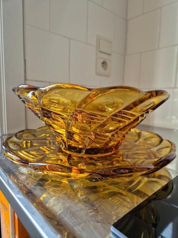 Zwaar glas amberkleur ronde schaal en hoge kom/schaal beschikbaar voor biedingen