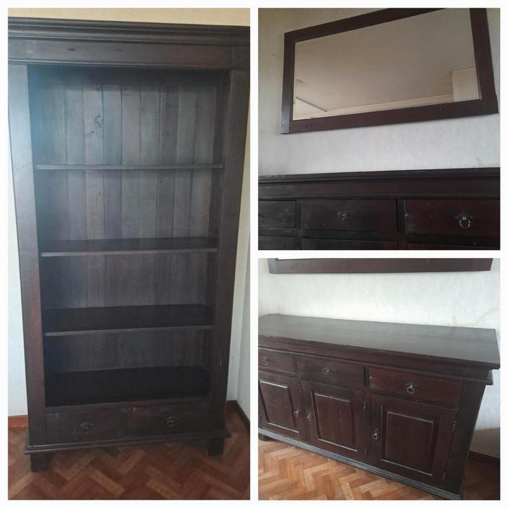Koloniale Meubelset: Boekenkast, Dressoir,Spiegel, TV-kast, Huis en Inrichting, Kasten | Dressoirs, Gebruikt, 25 tot 50 cm, Met lade(s)
