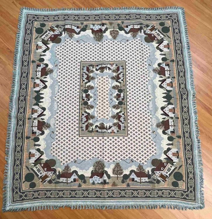 Tafelkleed soepel kleed vierzijdig franje witte huisjes, Antiek en Kunst, Antiek | Kleden en Textiel, Ophalen of Verzenden