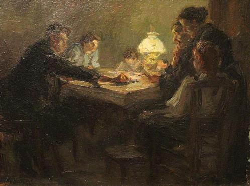 Mooi genretafereel in olieverf, Antiek en Kunst, Kunst | Schilderijen | Klassiek, Verzenden