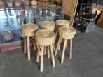 5 Mooie Barkrukken van hout met Rieten zitting, Ophalen, 5 krukken of meer, Met voetsteun, Hout
