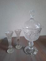 Antieke kristallen bonbonnière met 2 vaasjes, Antiek en Kunst, Antiek | Glas en Kristal, Ophalen
